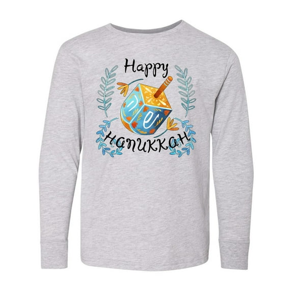 Inktastic Happy Hanukkah Dreidel and Laurels Long Sleeve Youth T-Shirt
