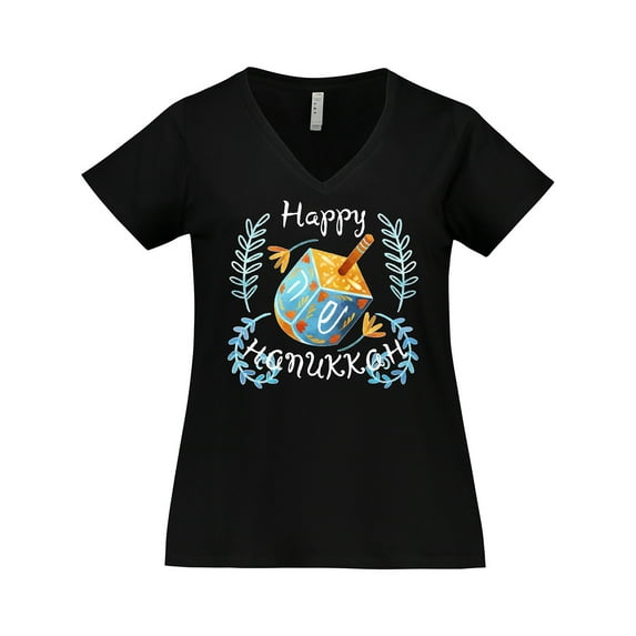 Inktastic Happy Hanukkah Dreidel and Laurels Women's Plus Size V-Neck T-Shirt