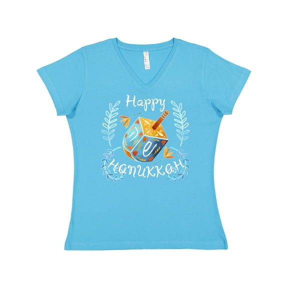 Inktastic Happy Hanukkah Dreidel and Laurels Women's V-Neck T-Shirt