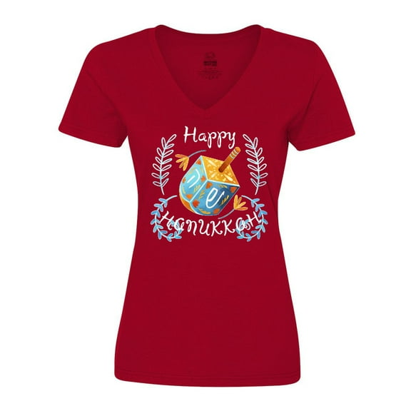 Inktastic Happy Hanukkah Dreidel and Laurels Women's V-Neck T-Shirt