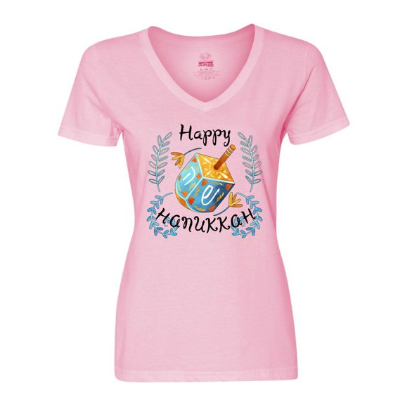 Inktastic Happy Hanukkah Dreidel and Laurels Women's V-Neck T-Shirt