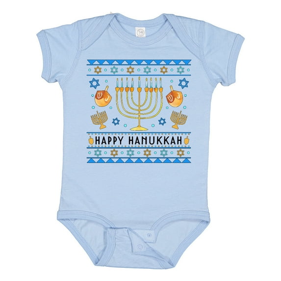 Inktastic Happy Hanukkah Sweater Style Design with Menorah and Dreidel Boys or Girls Baby Bodysuit