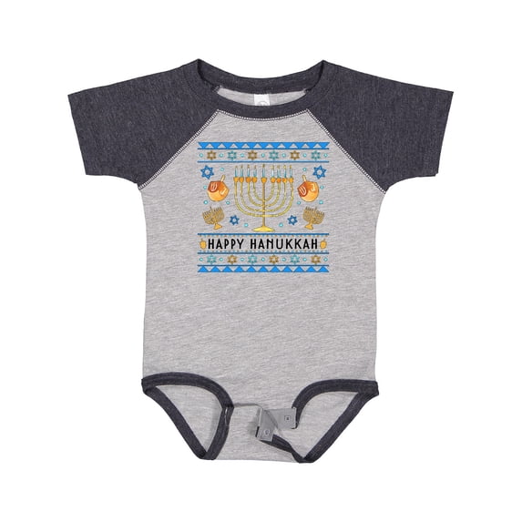 Inktastic Happy Hanukkah Sweater Style Design with Menorah and Dreidel Boys or Girls Baby Bodysuit