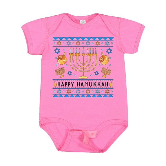 Inktastic Happy Hanukkah Sweater Style Design with Menorah and Dreidel Boys or Girls Baby Bodysuit