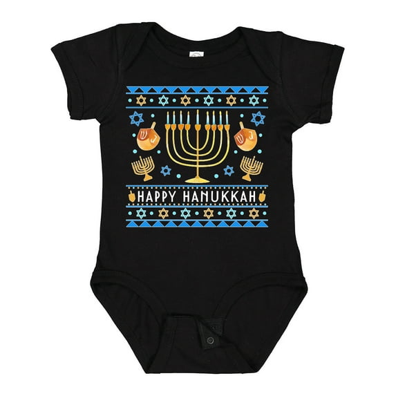 Inktastic Happy Hanukkah Sweater Style Design with Menorah and Dreidel Boys or Girls Baby Bodysuit
