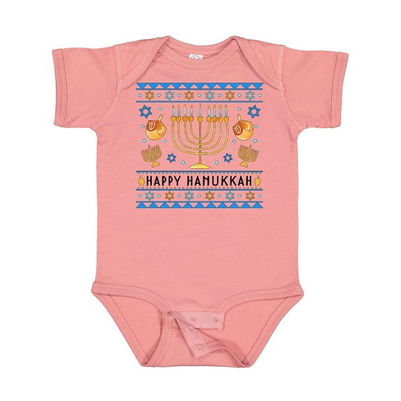 Inktastic Happy Hanukkah Sweater Style Design with Menorah and Dreidel Boys or Girls Baby Bodysuit