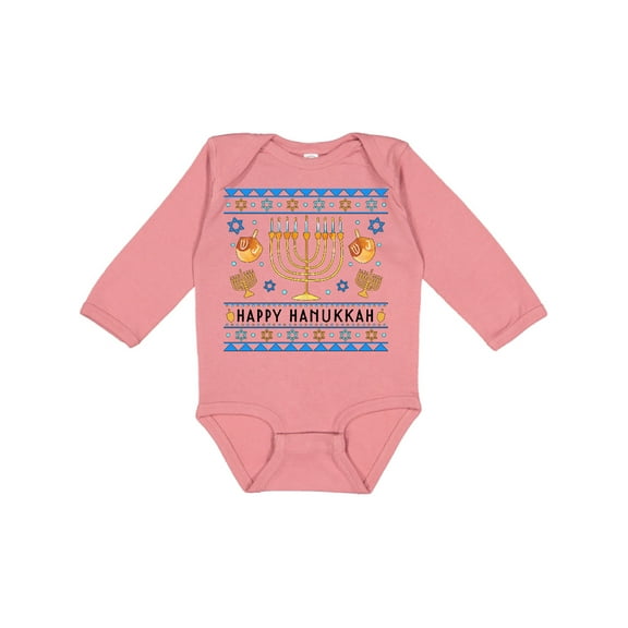 Inktastic Happy Hanukkah Sweater Style Design with Menorah and Dreidel Boys or Girls Long Sleeve Baby Bodysuit