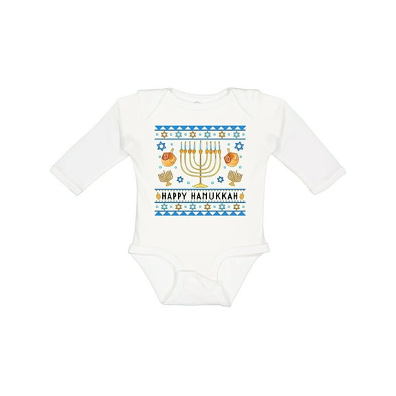 Inktastic Happy Hanukkah Sweater Style Design with Menorah and Dreidel Boys or Girls Long Sleeve Baby Bodysuit