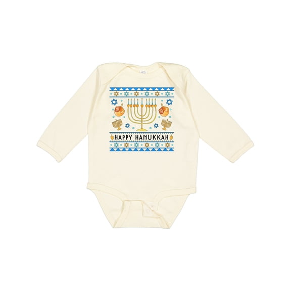 Inktastic Happy Hanukkah Sweater Style Design with Menorah and Dreidel Boys or Girls Long Sleeve Baby Bodysuit