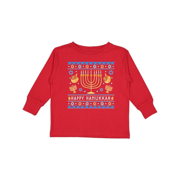 Inktastic Happy Hanukkah Sweater Style Design with Menorah and Dreidel Boys or Girls Long Sleeve Toddler T-Shirt