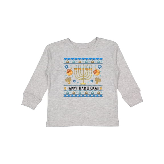 Inktastic Happy Hanukkah Sweater Style Design with Menorah and Dreidel Boys or Girls Long Sleeve Toddler T-Shirt
