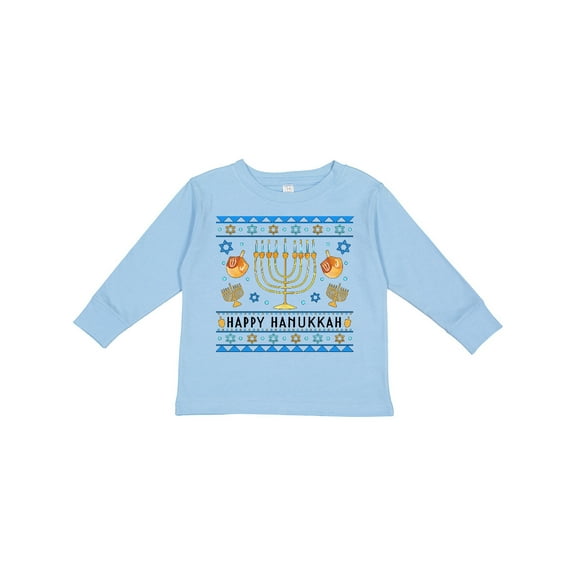 Inktastic Happy Hanukkah Sweater Style Design with Menorah and Dreidel Boys or Girls Long Sleeve Toddler T-Shirt