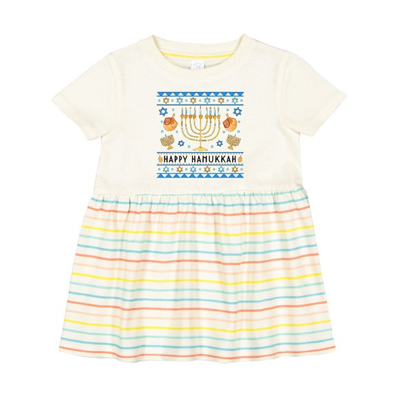 Inktastic Happy Hanukkah Sweater Style Design with Menorah and Dreidel Girls Baby Dress