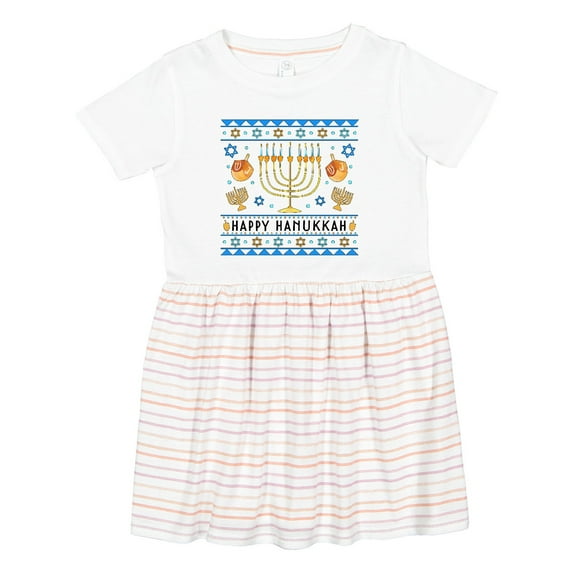 Inktastic Happy Hanukkah Sweater Style Design with Menorah and Dreidel Girls Toddler Dress