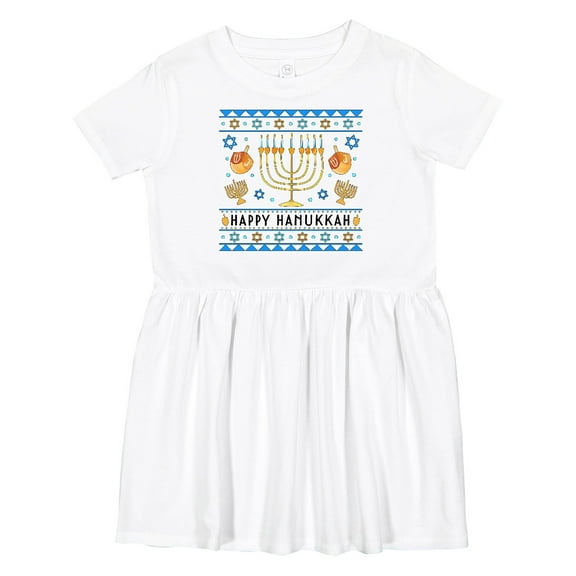 Inktastic Happy Hanukkah Sweater Style Design with Menorah and Dreidel Girls Toddler Dress