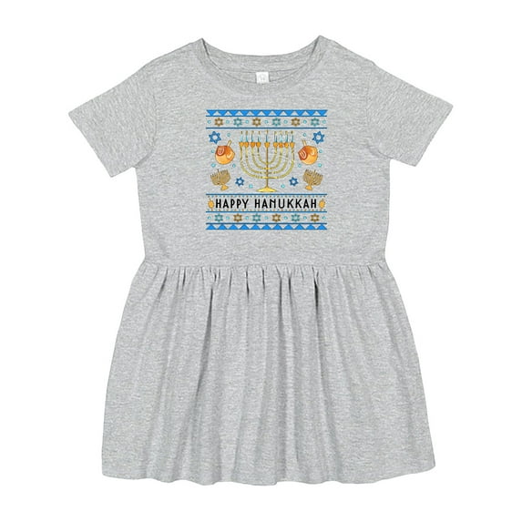 Inktastic Happy Hanukkah Sweater Style Design with Menorah and Dreidel Girls Toddler Dress