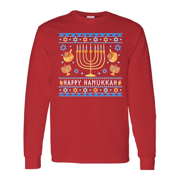Inktastic Happy Hanukkah Sweater Style Design with Menorah and Dreidel Long Sleeve T-Shirt