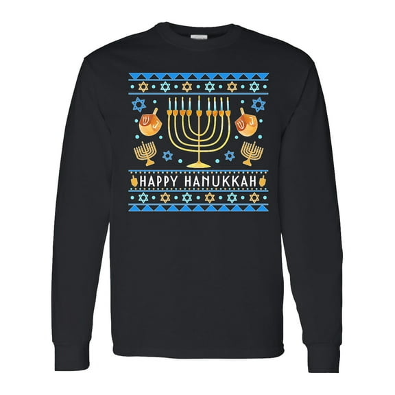Inktastic Happy Hanukkah Sweater Style Design with Menorah and Dreidel Long Sleeve T-Shirt