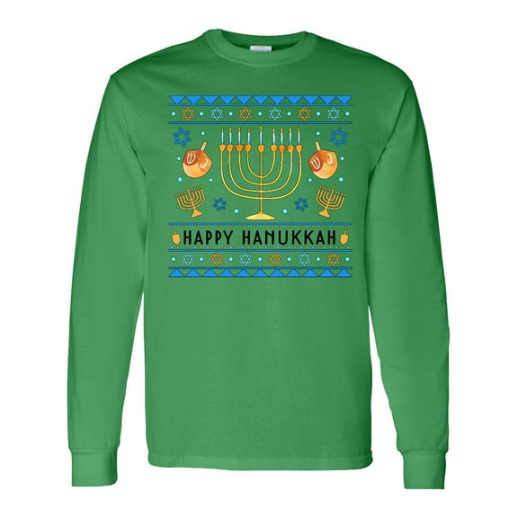 Inktastic Happy Hanukkah Sweater Style Design with Menorah and Dreidel Long Sleeve T-Shirt