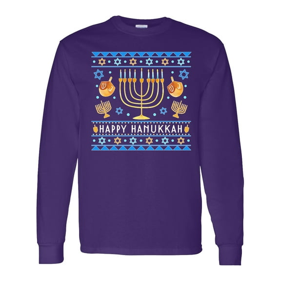 Inktastic Happy Hanukkah Sweater Style Design with Menorah and Dreidel Long Sleeve T-Shirt
