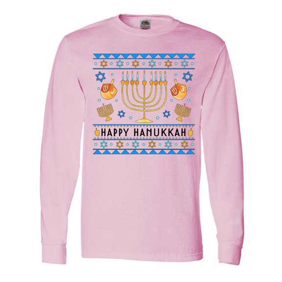 Inktastic Happy Hanukkah Sweater Style Design with Menorah and Dreidel Long Sleeve T-Shirt