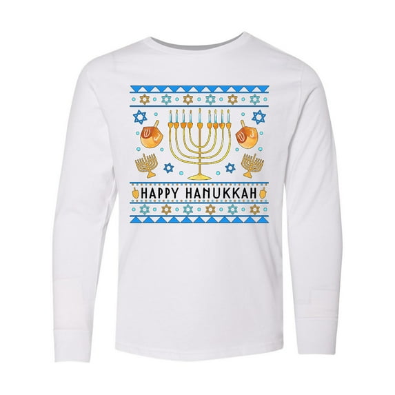 Inktastic Happy Hanukkah Sweater Style Design with Menorah and Dreidel Long Sleeve Youth T-Shirt