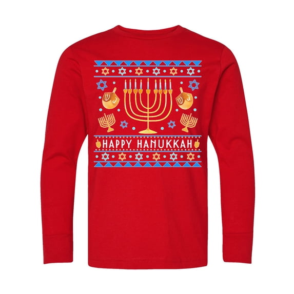 Inktastic Happy Hanukkah Sweater Style Design with Menorah and Dreidel Long Sleeve Youth T-Shirt