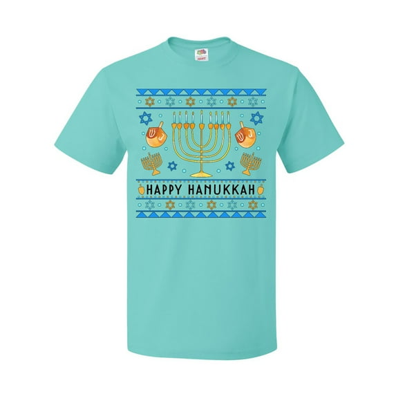 Inktastic Happy Hanukkah Sweater Style Design with Menorah and Dreidel T-Shirt