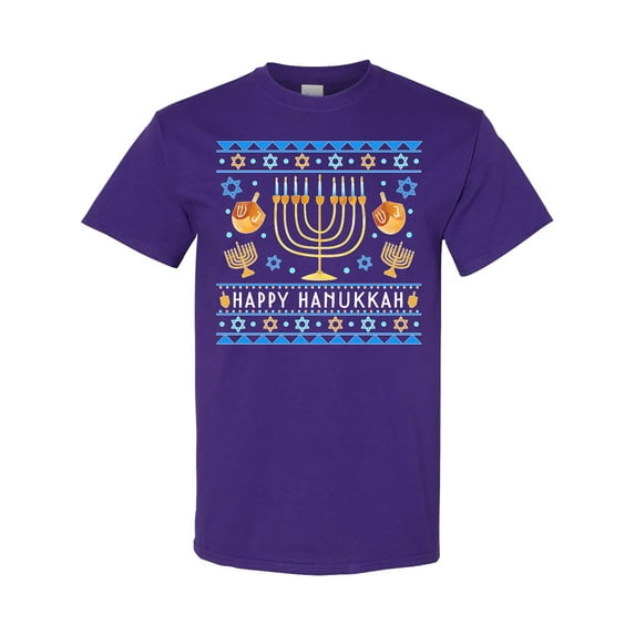 Inktastic Happy Hanukkah Sweater Style Design with Menorah and Dreidel T-Shirt