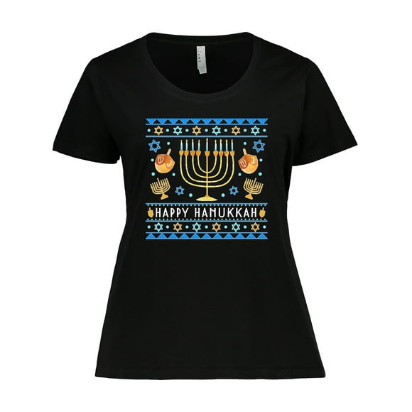 Inktastic Happy Hanukkah Sweater Style Design with Menorah and Dreidel Women's Plus Size T-Shirt