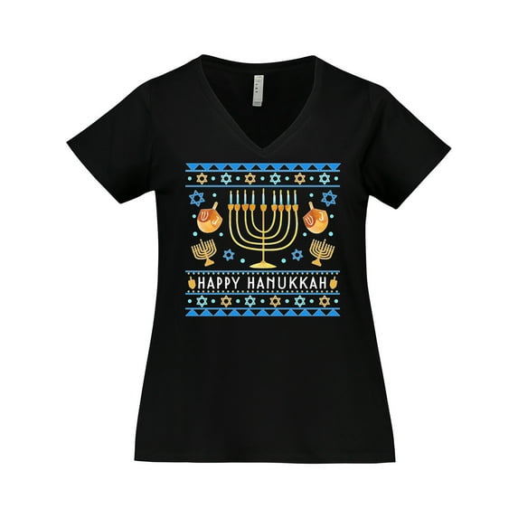 Inktastic Happy Hanukkah Sweater Style Design with Menorah and Dreidel Women's Plus Size V-Neck T-Shirt