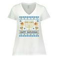 thumbnail image 1 of Inktastic Happy Hanukkah Sweater Style Design with Menorah and Dreidel Women's Plus Size V-Neck T-Shirt, 1 of 5