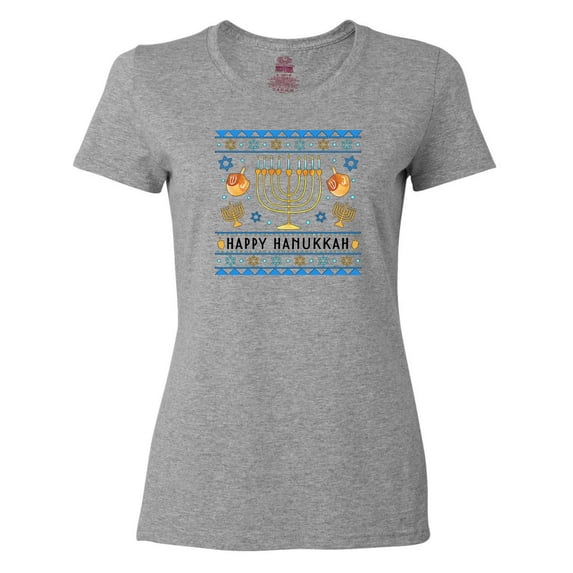 Inktastic Happy Hanukkah Sweater Style Design with Menorah and Dreidel Women's T-Shirt