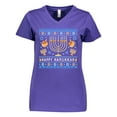 thumbnail image 1 of Inktastic Happy Hanukkah Sweater Style Design with Menorah and Dreidel Women's V-Neck T-Shirt, 1 of 5