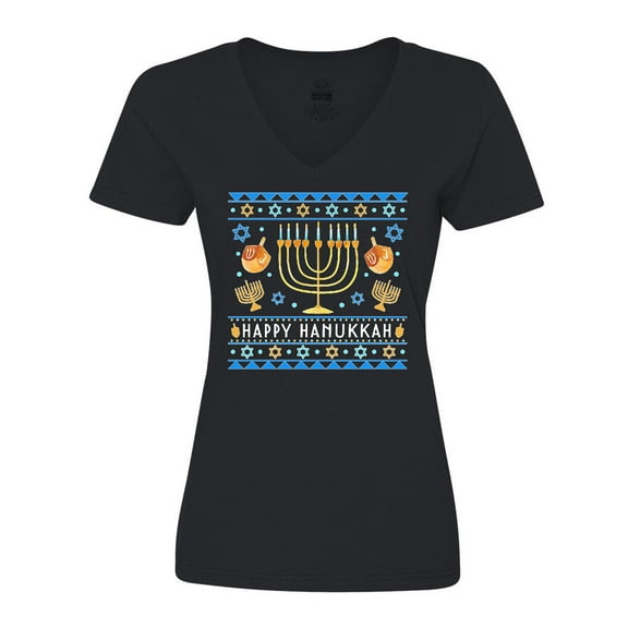 Inktastic Happy Hanukkah Sweater Style Design with Menorah and Dreidel Women's V-Neck T-Shirt
