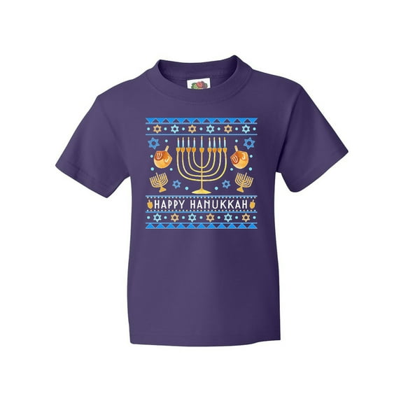 Inktastic Happy Hanukkah Sweater Style Design with Menorah and Dreidel Youth T-Shirt