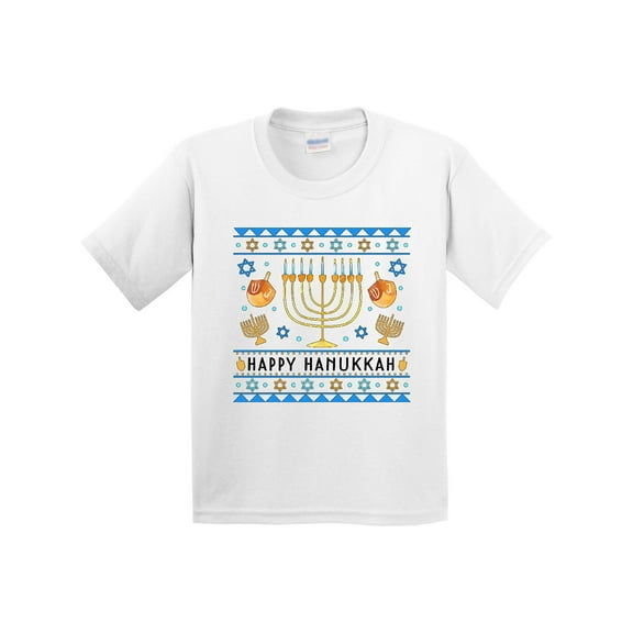 Inktastic Happy Hanukkah Sweater Style Design with Menorah and Dreidel Youth T-Shirt