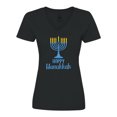 thumbnail image 1 of Inktastic Happy Hanukkah with Blue Menorah Women's V-Neck T-Shirt, 1 of 5