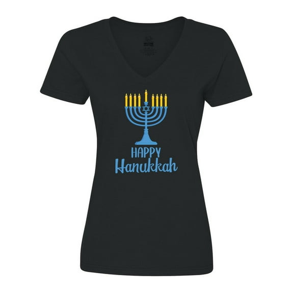 Inktastic Happy Hanukkah with Blue Menorah Women's V-Neck T-Shirt