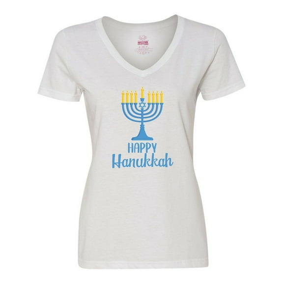 Inktastic Happy Hanukkah with Blue Menorah Women's V-Neck T-Shirt