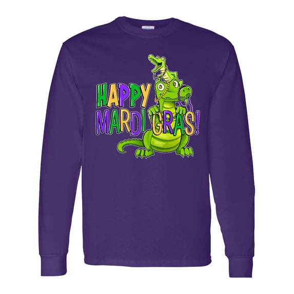 Inktastic Happy Mardi Gras Big and Little Alligators with Beads Long Sleeve T-Shirt