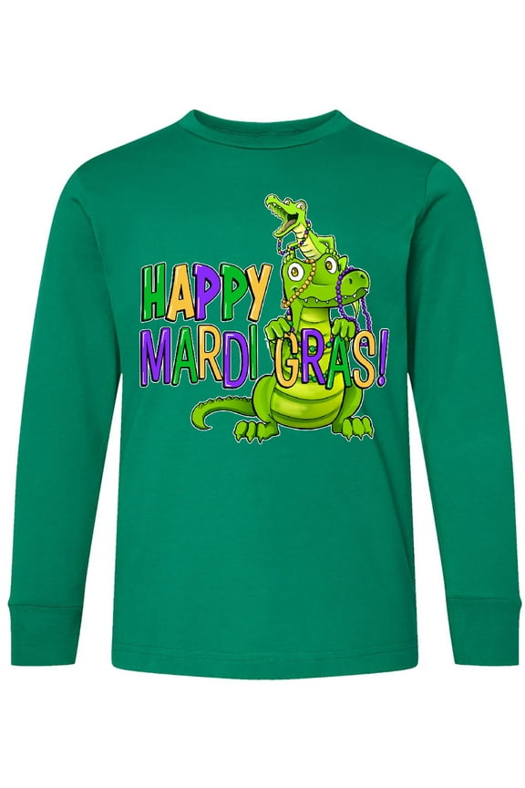 Happy Mardi Gras Big and Little Alligators with Beads Long Sleeve Youth T-Shirt
