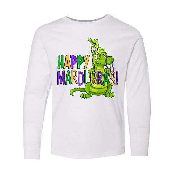 Inktastic Happy Mardi Gras Big and Little Alligators with Beads Long Sleeve Youth T-Shirt