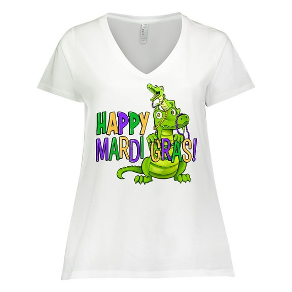 Inktastic Happy Mardi Gras Big and Little Alligators with Beads Women's Plus Size V-Neck T-Shirt