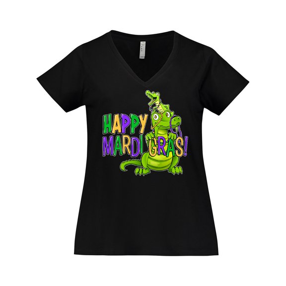 Inktastic Happy Mardi Gras Big and Little Alligators with Beads Women's Plus Size V-Neck T-Shirt