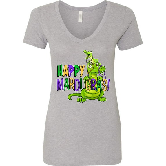 Inktastic Happy Mardi Gras Big and Little Alligators with Beads Women's V-Neck T-Shirt