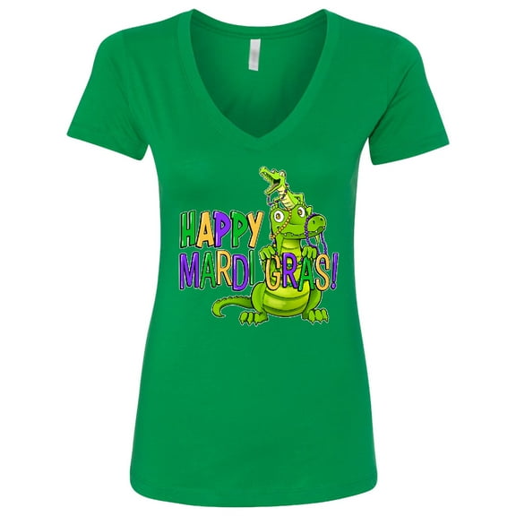 Inktastic Happy Mardi Gras Big and Little Alligators with Beads Women's V-Neck T-Shirt