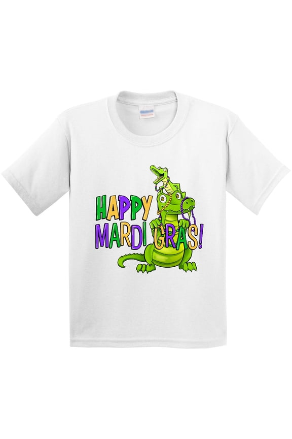 Happy Mardi Gras Big and Little Alligators with Beads Youth T-Shirt