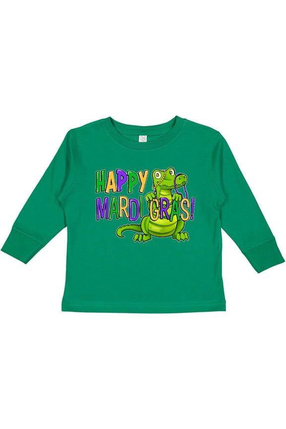 Happy Mardi Gras Cute Alligator with Beads Boys or Girls Long Sleeve Toddler T-Shirt