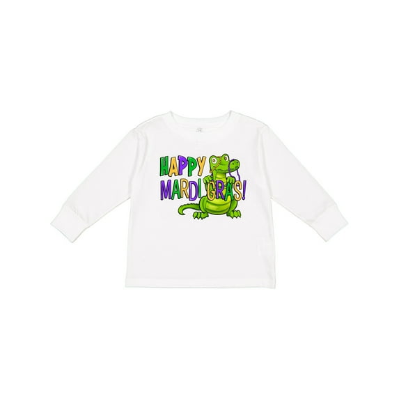 Inktastic Happy Mardi Gras Cute Alligator with Beads Boys or Girls Long Sleeve Toddler T-Shirt